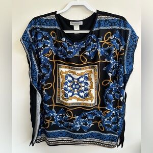 ❤️ Hamilton Women's Ornate Blue and Gold Blouse Large NWOT